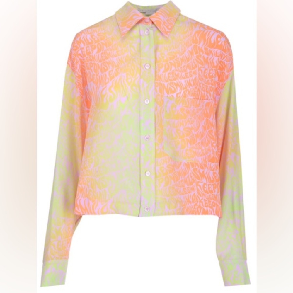 Stella McCartney Keep On Smiling Cropped Silk Shirt Orchid Neon Size 44 - Picture 2 of 14